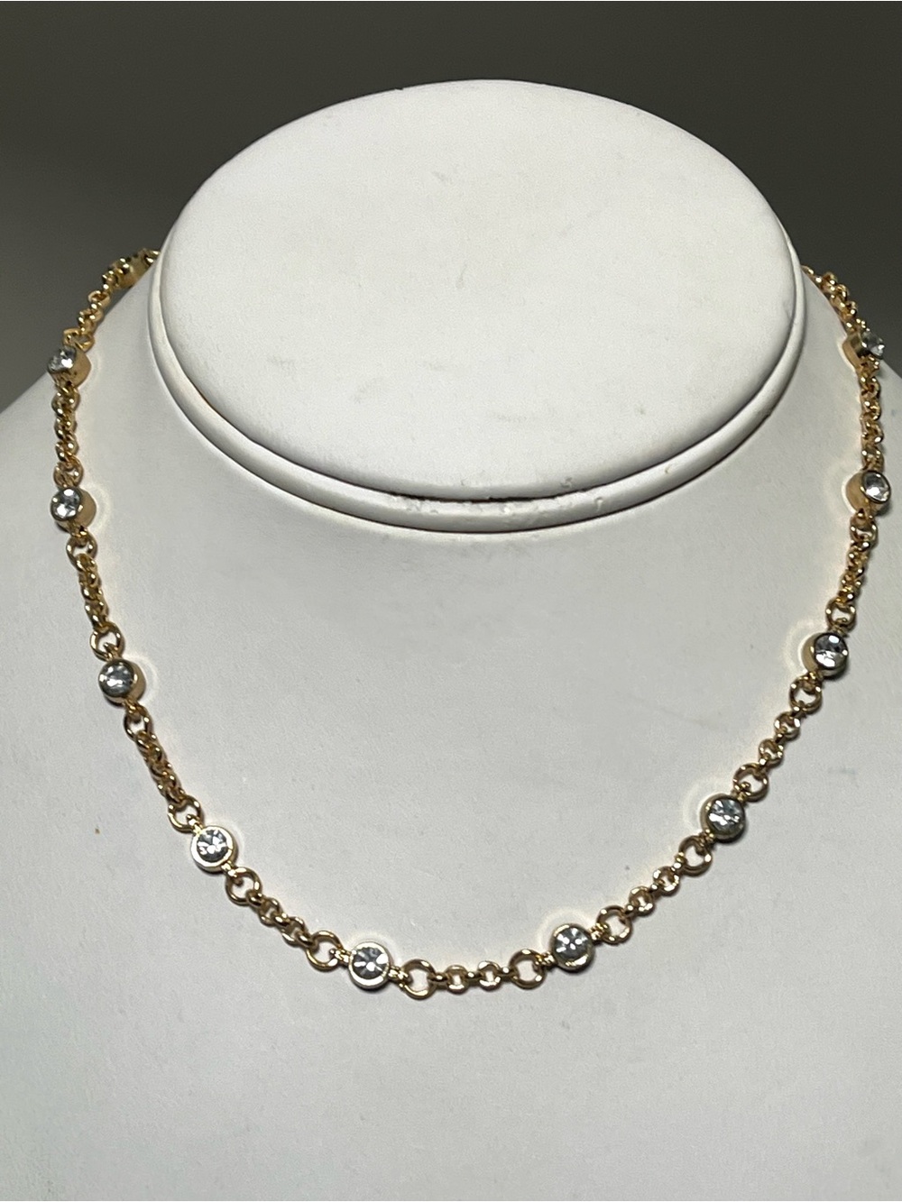 Gold Tone Crystal Bezel Choker Necklace - Dainty Diamonds by the Yard Chain 16"